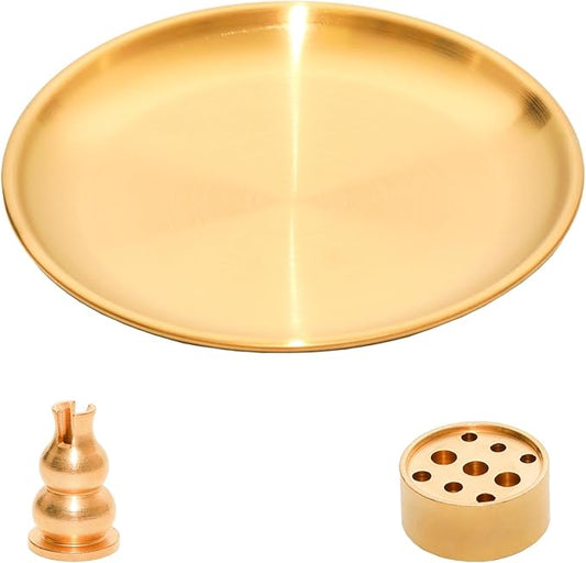 3 in 1 Incense Burner,5.51 Inch Incense Holder Set for Incense Sticks,Coil Incense and Incense Cones,Multi-Functional, Ash Catcher, Easy to Clean, Gourd-Shaped Tray（Gold）