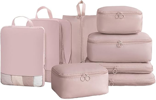 8-Piece Travel Compression Packing Cubes Set - Luggage Organizers for Suitcases - Space Saving Storage Bags for Clothes Travel Essentials (Pink)