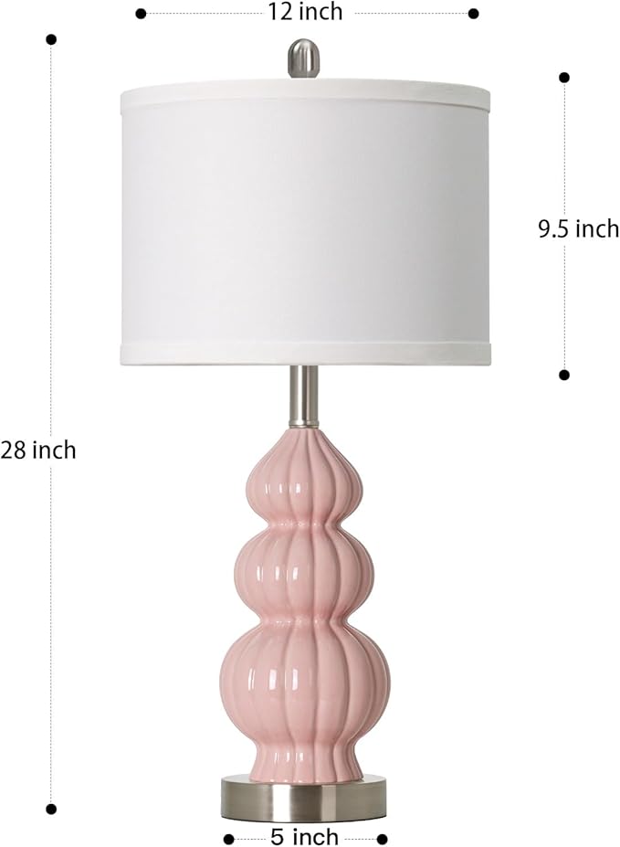 26.5" Pink Ceramic Table Lamps Set of 2, Modern Bedside Lamps for Girls Room, Triple Gourd Table Lamp for Living Room End Table or Bedroom Nightstand (2 LED Bulbs Included)