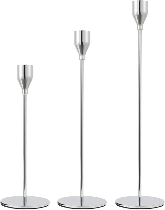 Sliver Candlestick Holders 3pcs Taper Candle Stick Holder Set, Mantel Candlestick Holder Set for Table Centerpiece, Modern Tall Candle Decor for Wedding/Party/Dinning/Anniversary