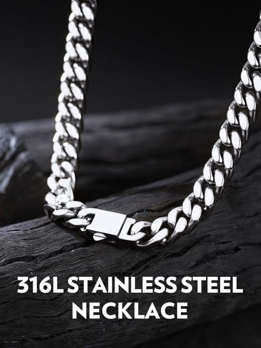 Bandmax Mens Stainless Steel Chain Necklaces 5/7/9/12MM Chunky Miami Cuban Link Chain Necklace Bracelet Silver/Gold Plated/Black Chains for Men 18"-30"