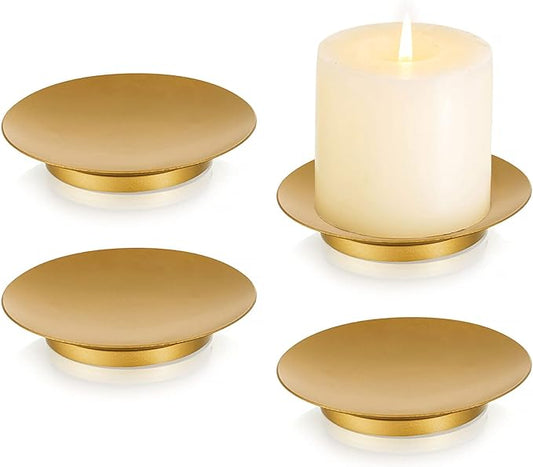 Romadedi Iron Plate Candle Holder, Gold Candle Holders for Pillar, Set of 4 Small Candle Tray, Pillar Candle Holder Plate Metal Candle Stand for Coffee Table Decor, Wedding, Party, Home Decor
