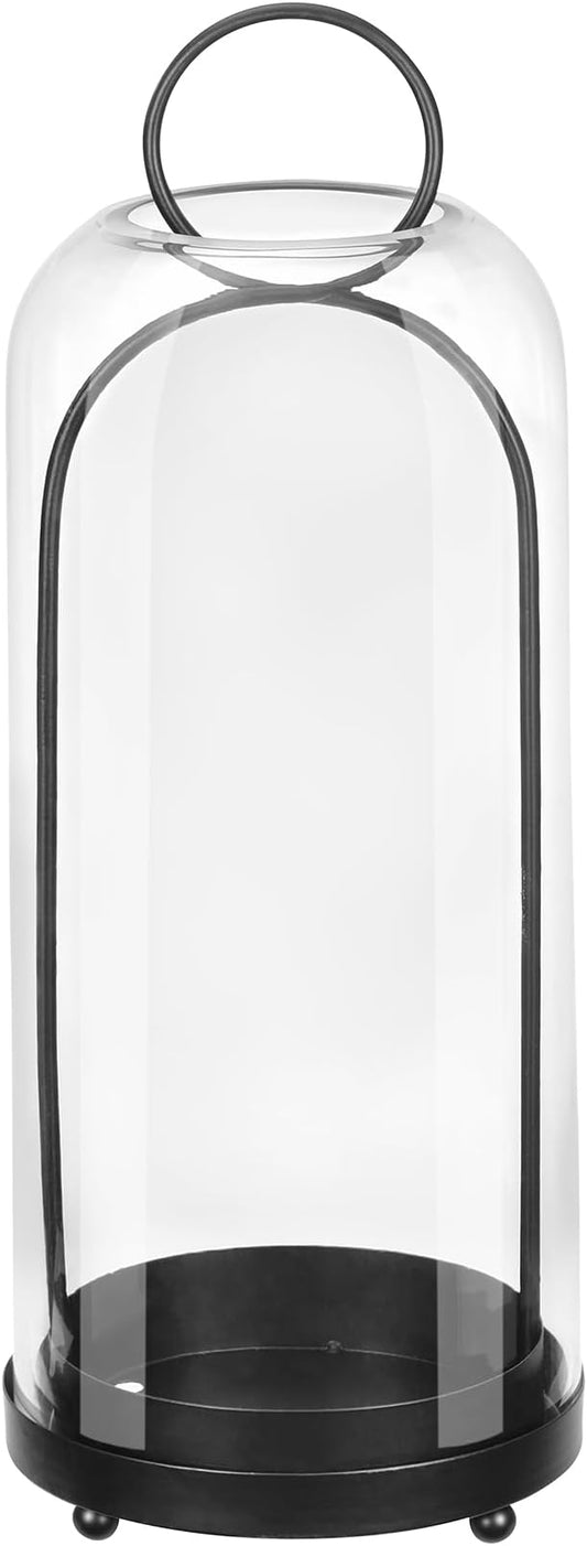 20" High Versatile Modern Metal Hurricane Lantern with Handmade Sturdy Glass Dome in Black for Pillar Candle & Plants, Industrial, Farmhouse, Shabby Chic (Black, 7.5"x20")