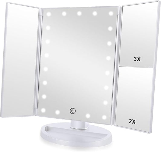 Tri-fold Lighted Vanity Makeup Mirror with 3x/2x Magnification,21 LEDs Light and Touch Screen,180 Degree Free Rotation Countertop Cosmetic Mirror,Travel (White)