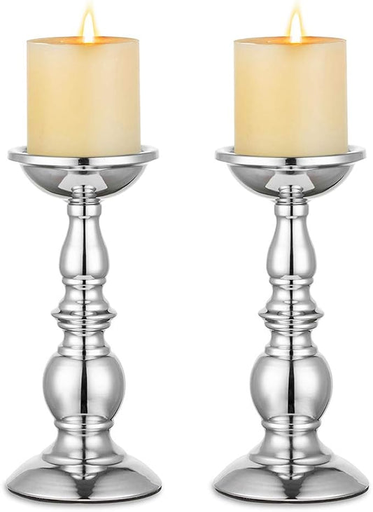 Nuptio Silver Pillar Candle Holders, Wedding Centerpieces Metal Candle Holder for 3 inches Candles Stand Decoration Ideal for Weddings Special Events Parties Living Room, 2 Pcs