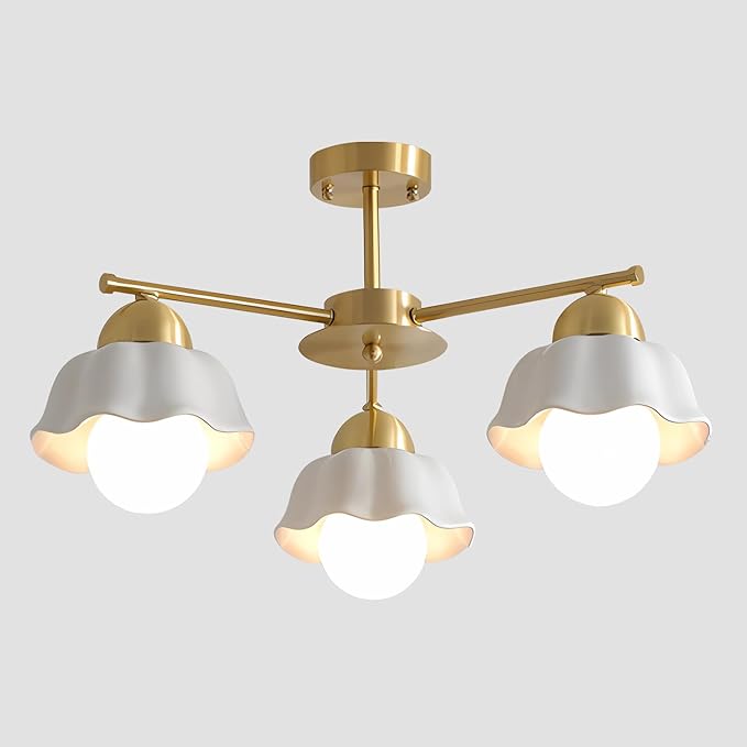 Mid Century Modern Brass Semi Flush Mount Ceiling Light 3 Lights Milk Opal Glass Ceiling Light Fixture Gold Sputnik Chandelier Light Fixture Vintage Hanging Ceiling Lights for Foyer MCL08-3 GD