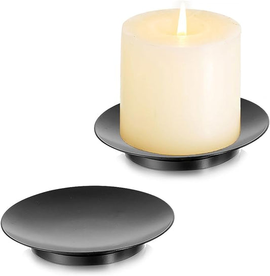 Romadedi Iron Plate Candle Holder - Black Candle Holders for Pillar Candles, Set of 2 Small Candle Tray Pillar Candle Holder Metal Candle Stand for Coffee Table Decor, Wedding, Party, Home Decor