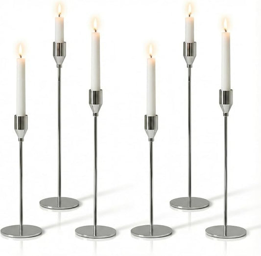 Solid Taper Candle Holders Set of 6, Luxury Silver Long Skinny Candlestick (Heights: 9/11/13 Inch), Heavy Iron Anti-Slip Base for Fireplace Mantle Table Centerpiece Dining Decor