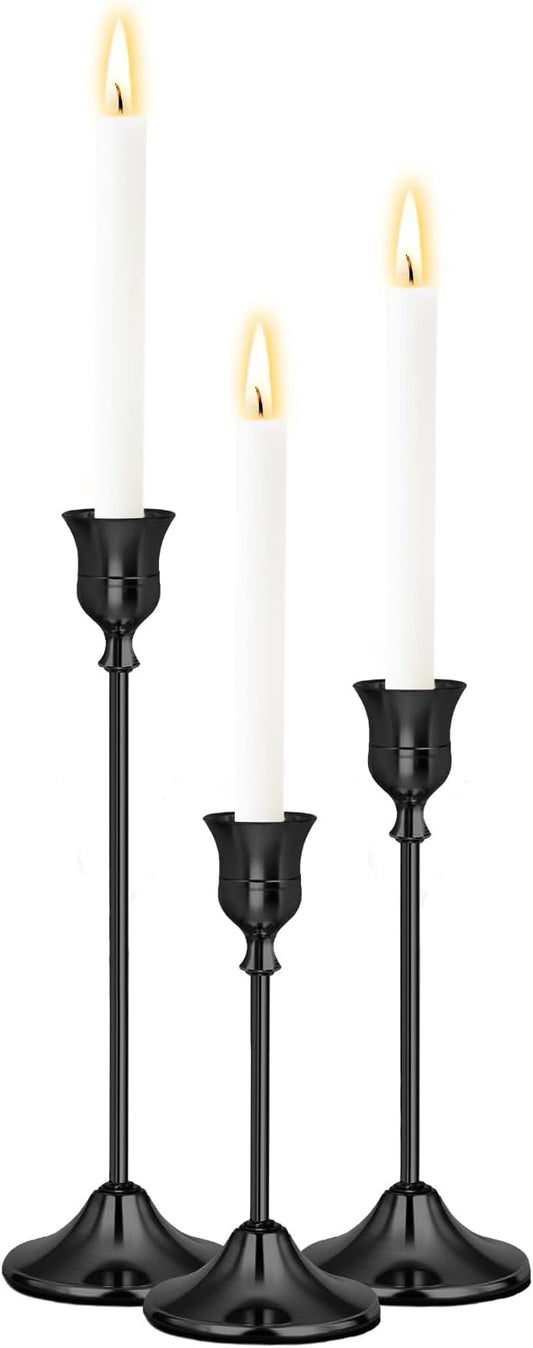 Black Candlestick Holders Set of 3, Weighted, Metal Taper Candle Stick Holders, Vintage Christmas Brass Home Decor for Table, Mantel, Room Decorations Housewarming Gift Black-3