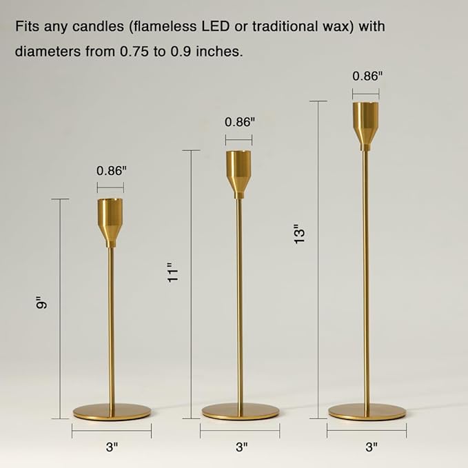Solid Taper Candle Holders Set of 15 Bulk, Vintage Brass Long Skinny Candlestick (Heights: 9/11/13 Inch), Heavy Iron Anti-Slip Base for Fireplace Mantle Table Centerpiece Wedding Decor