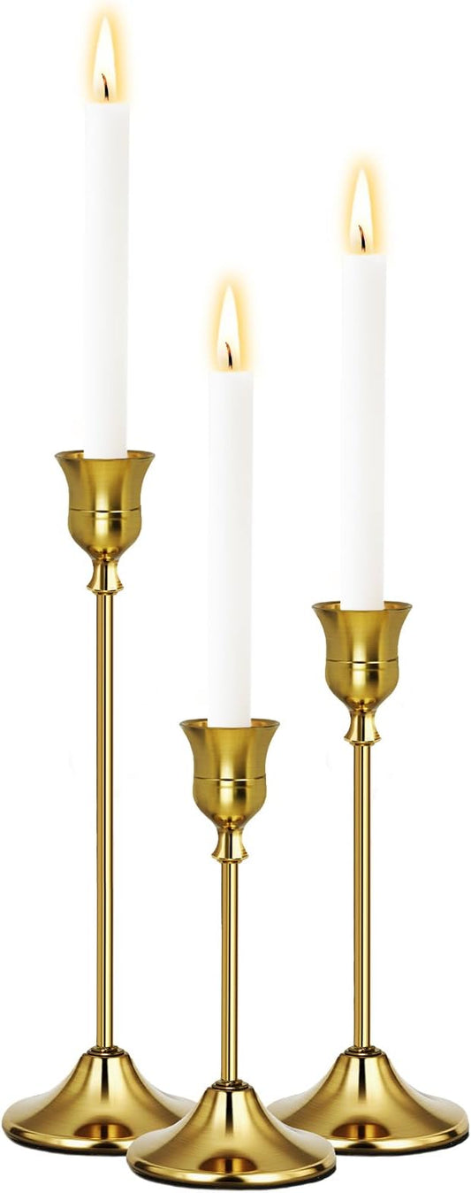 Gold Candlestick Holders Set of 3, Weighted, Metal Taper Candle Stick Holders, Vintage Christmas Brass Home Decor for Table, Mantel, Room Decorations Housewarming Gift Gold-3