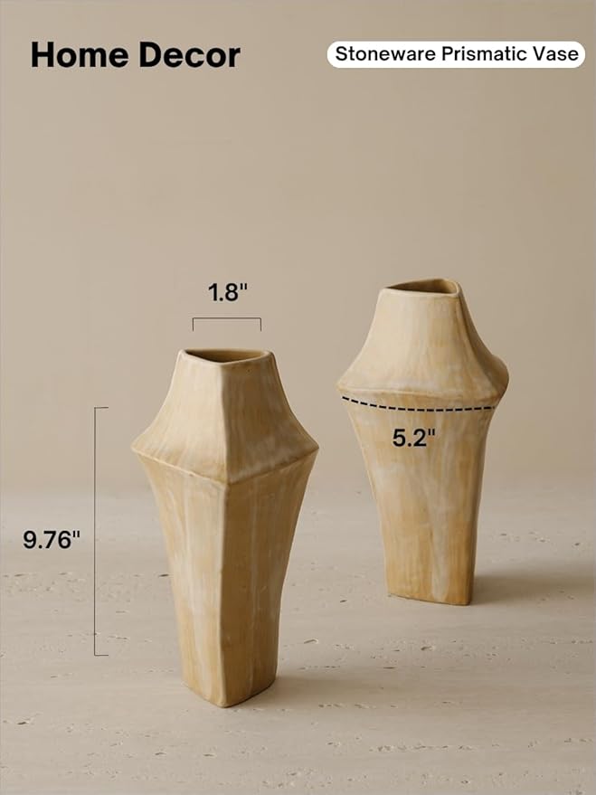 WENSHUO 9.76" H Stoneware Vase-Tri-Sided Angular Design,for Classic Decorative vase for Home Decor,Handmade Perfect Centerpiece for Table, Island,or Counter,Matte Curd Color Reactive Glaze