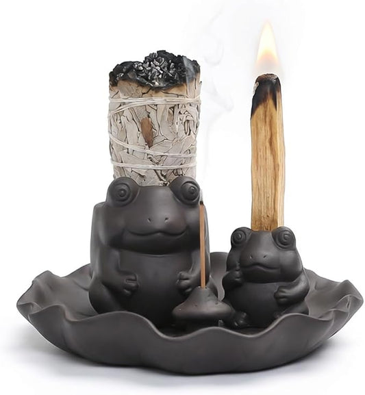 ChangWanna Multifunction 4 in 1 Frog Incense Holder, Palo Santo Holder, Sage Holder, Ceramic Incense Stick Holder for Burning - Cute Ash Catcher Tray for Yoga/Meditation/Home Room Office Decor, Black