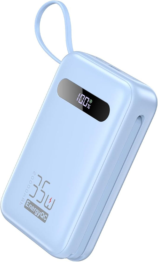 EnergyQC 20000mAh Portable Charger, 35W PD 3.0+QC 4.0 Fast Charging Power Bank with Built-in Lightning & USB-C in&Out Cables, Travel Battery Pack for iPhone 16/15/14/13, Samsung, iPad, Android, Blue