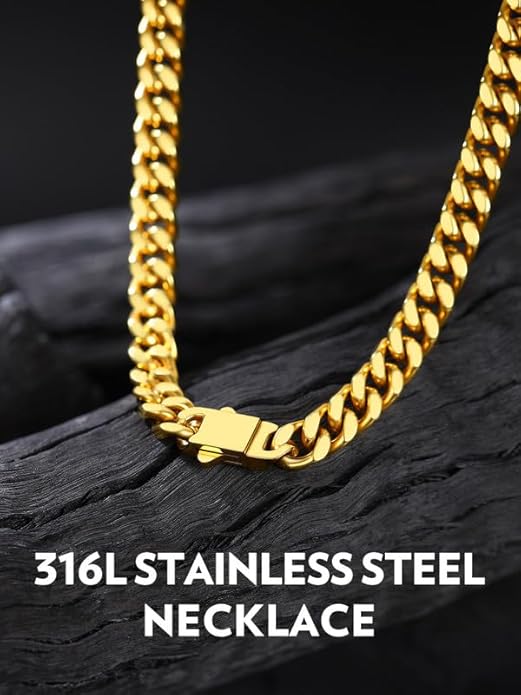 Bandmax Mens Stainless Steel Chain Necklaces 5/7/9/12MM Chunky Miami Cuban Link Chain Necklace Bracelet Silver/Gold Plated/Black Chains for Men 18"-30"