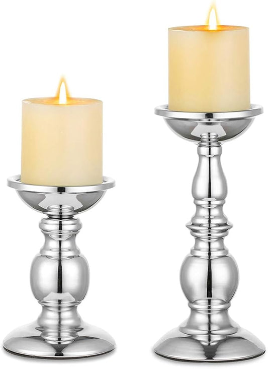 Nuptio Pillar Candle Holders Metal Candle Holder Ideal for 3 inches Candles, Silver Candle Holder for Living Room, Gardens, Spa, Aromatherapy, Incense Cones, Wedding, Party, 2 Pcs