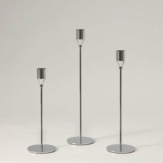 Solid Taper Candle Holders Set of 3, Luxury Silver Long Skinny Candlestick (Heights: 9/11/13 Inch), Heavy Iron Anti-Slip Base for Fireplace Mantle Table Centerpiece Dining Decor