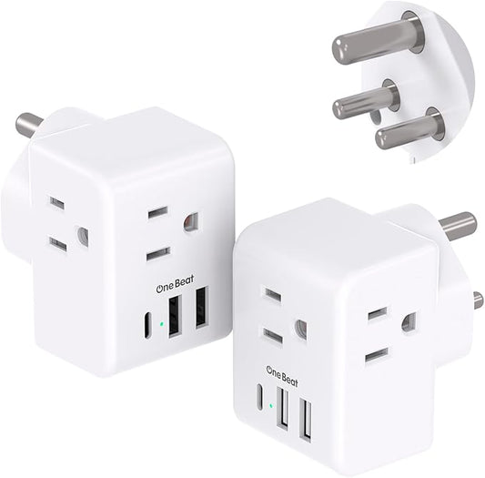 2 Pack India Power Adapter, One Beat Type D Plug Adapter with 3 American Outlets 3 USB Ports(1USB C), 6 in 1 India Travel Plug Adapter for US to India, Bangladesh, Kuwait, Maldives