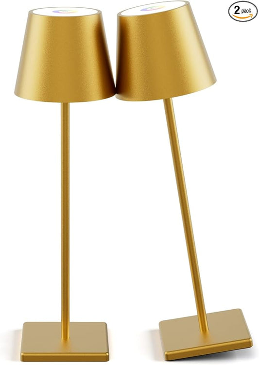 2-Pack LED Cordless Table Lamp 3W 5500mAh Rechargeable Battery Operated Stepless Dimmable Portable Lamp for Restaurant, Bedroom, Outdoor (Gold)
