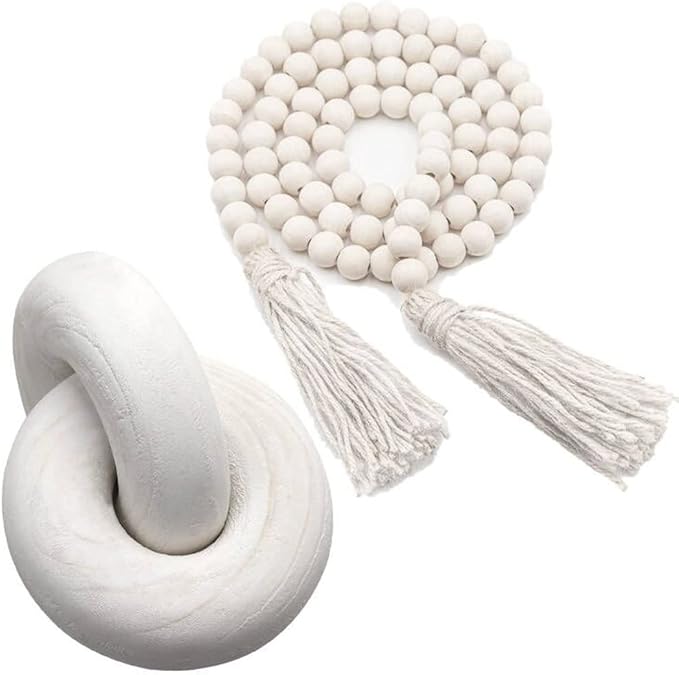 2 Pcs/Set Decorative Chain Link & Knot Decor Wood Bead Garland for Farmhouse Prayer Living Room Coffee Table Desk Shelf Decorations Hand Carved