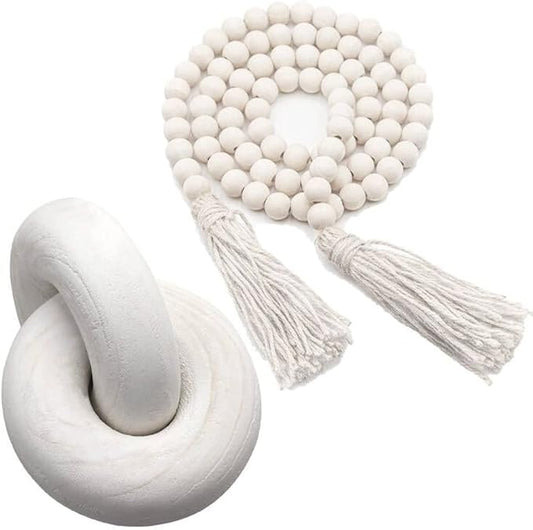 2 Pcs/Set Decorative Chain Link & Knot Decor Wood Bead Garland for Farmhouse Prayer Living Room Coffee Table Desk Shelf Decorations Hand Carved