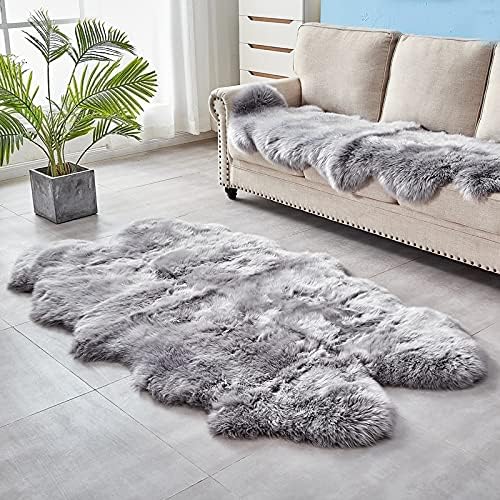 HUAHOO Premium Genuine Sheepskin Rug Grey Real Australia Sheepskin Natural Luxury Fluffy Lambskin Fur Area Rug Seat Covers for Kids Bedroom Sofa Chair Cover Quarto Pelt/4' x 6' Silver Grey