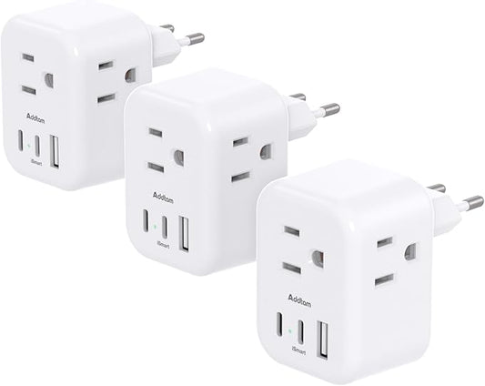 3 Pack European Travel Plug Adapter, Addtam US to Europe Plug Adapter with 3 Outlets 3 USB Charger (2 USB C Port), Type C Power Adaptor to Italy Spain France Portugal Iceland
