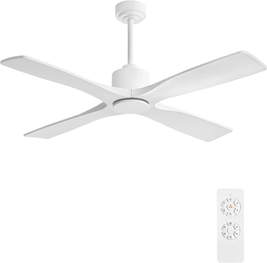 WINGBO 48" DC Ceiling Fan without Lights, 4 Carved Solid Wood Blades, 6-Speed Noiseless Reversible DC Motor, Modern Ceiling Fan No Light with Remote, Gloss White Finish with White Blades, ETL Listed