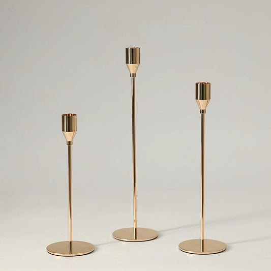 Solid Taper Candle Holders Set of 3, Champagne Gold Long Skinny Candlestick (Heights: 9/11/13 Inch), Heavy Iron Anti-Slip Base for Fireplace Mantle Table Centerpiece Christmas Decor