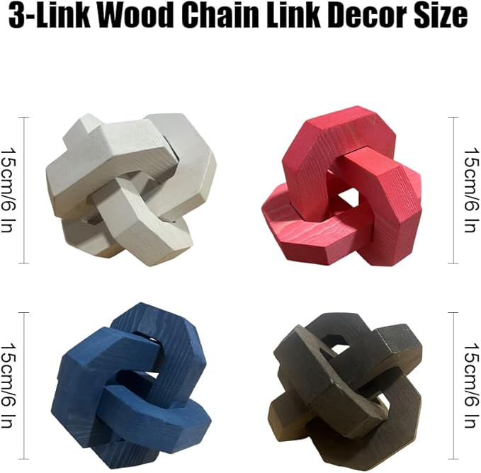 Wood Knot Chain Link Decor,6 in 3 Link Wood Knot Decor,Single or Double Links Hand Carved Decorative Links Knots Accents for Coffee Table,Bookshelf,Entryway Desk,Shelves (Single-Red)