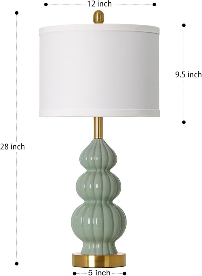 Green Ceramic Lamps Set of 2, 26.5" Modern Table Lamps for Living Room, Classic Bedside Lamp with Triple Gourd, Elegant Bedroom Lamp for Night Stand Desk Side End Table Home Decor