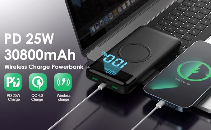 Wireless Portable Charger 30,800mAh ,15W Wireless Charging 25W PD QC4.0 Fast Charging USB-C Power Bank,4 Outputs Travel Essentials External Battery Pack for iPhone 17/16/15/14,Galaxy S25,Android etc