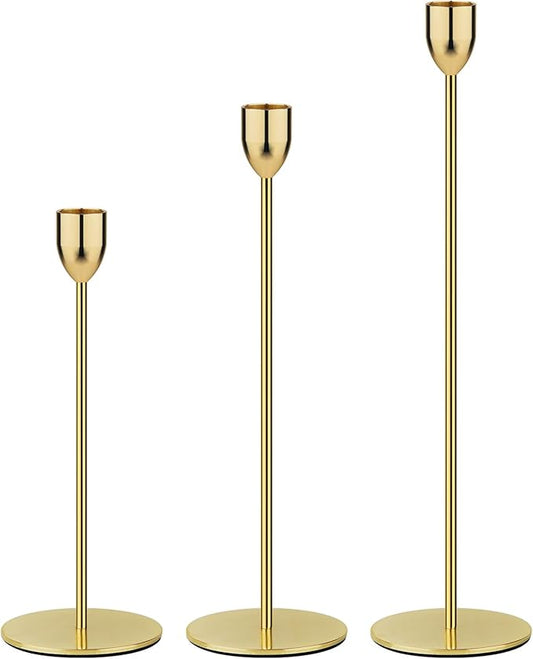 Ohtomber Metal Gold Candle Holder - 3PCS Candlestick Holders, Candlesticks Centerpiece Wedding Table Decor, Fit Pillar 3/4" Thick Tapered & Led Candles
