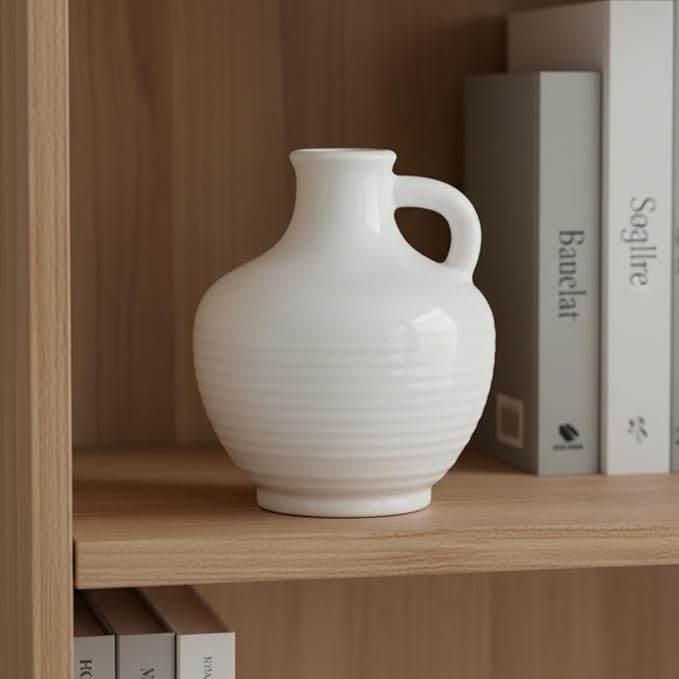 Sunddo White Ceramic Vase 6 Inch - Small Modern Flower Vase for Home Decor, Decorative Vases with Handle, Boho & Minimalist, Living Room Cabinet Table Centerpieces Wedding Beige