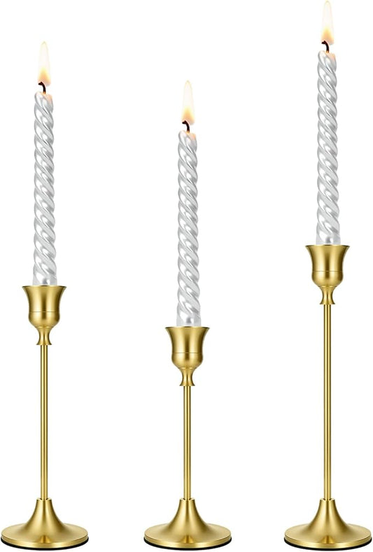Mellotesy Taper Candle Holders Set of 3 - Tall Vintage Brass Gold Candlesticks for Dining Table, Wedding Centerpiece, and Mantel Decor