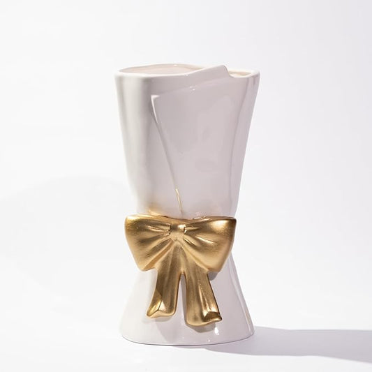 Fully Glazed White Ceramic Gold Bow Vase 9.64 in Unique Cute Modern Decorative Bouquet Flower Vases for Home Living Room Table Valentine's Day Decor Women Girl Gifts