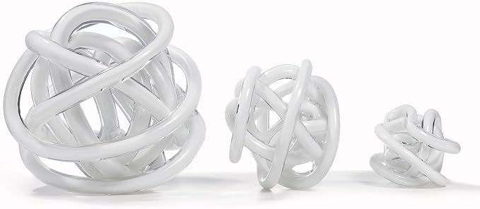 Luxury Lane Hand Blown Infinity Knot Sommerso Decorative Glass Ball for Bowls Home Decor 4 inch Tall Orbit Centerpiece Table Decoration Sculpture White
