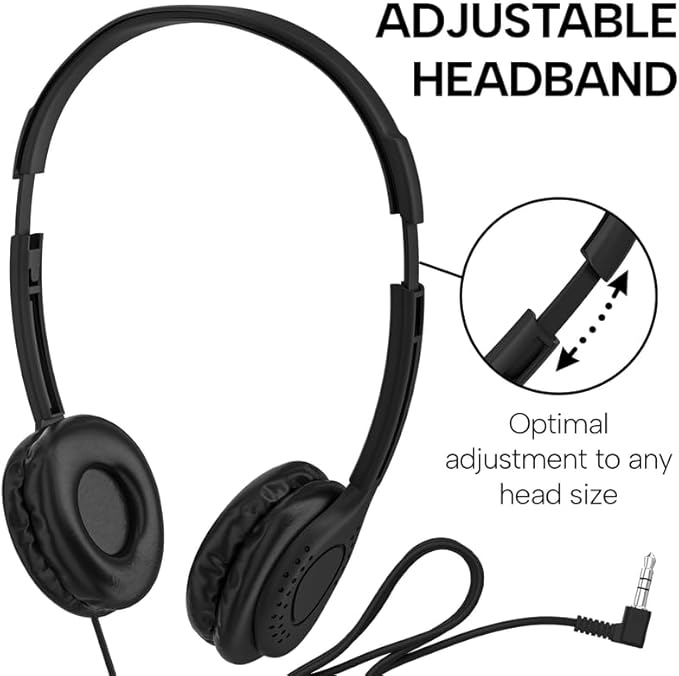 Maeline Kids Headphones for School Classroom K-12, Library, Museum, Travel, On Ear Stereo Headset with Adjustable Band & Faux Leather Cushions - 3.5mm Plug - 40 Pack - Black