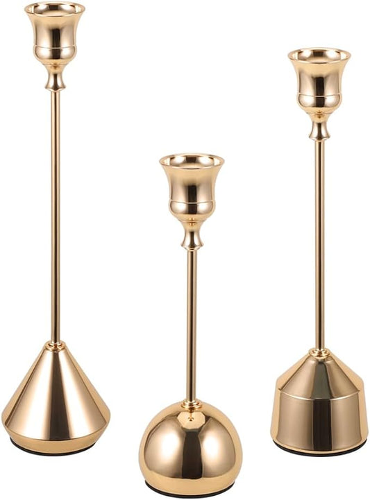 Elegant Vintage Champagne Gold Candlestick Holders, Set of 3 Taper Candle Holders with Weighted Base for Wedding, Dining Table, Holiday Decor