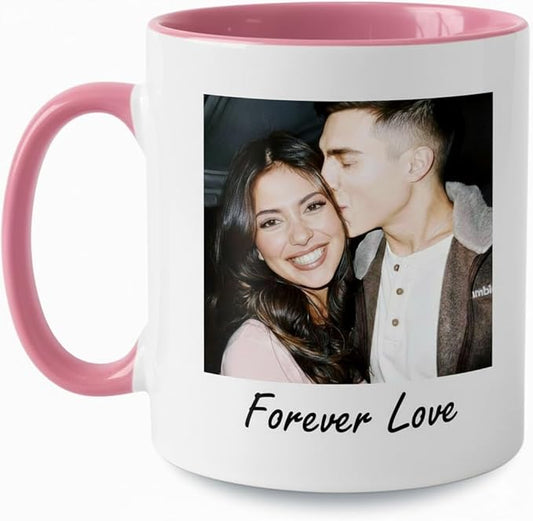 Custom Photo Coffee Mug, Personalized Forever Love Design Ceramic Cup for Anniversary Boyfriend Girlfriend Dishwasher Safe, 11oz (Pink)