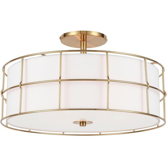 Dainolite Alcala Semi-Flush Mount Ceiling Light Fixture, Dimmable, 16in , Aged Brass, White Fabric Shade, Model ALC-163SF-AGB