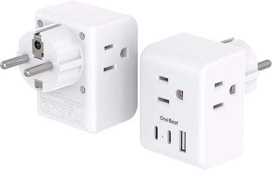2 Pack Germany France Travel Plug Adapter with 3 Outlets 1 USBA 2 USB C, One Beat Type E/F International Power Adapter, Travel Essentials US to Europe France Germany South Korea Netherlands