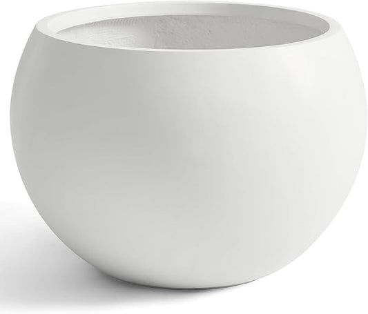 21.3" D Fiberstone Extra Large Planter, 16.6" Pot Opening x 14.8" H, Spherical Flower Pot with Drainage Hole, Weather Resistance Indoor Outdoor Planters, White