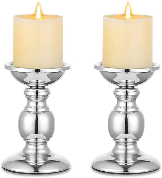 Nuptio Silver Pillar Candle Holders, Wedding Centerpieces Metal Candle Holder for 3inches Candles Stand Decoration Ideal for Weddings Special Events Parties Living Room, 2 Pcs
