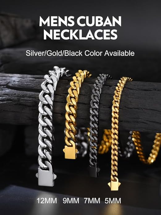 Bandmax Mens Stainless Steel Chain Necklaces 5/7/9/12MM Chunky Miami Cuban Link Chain Necklace Bracelet Silver/Gold Plated/Black Chains for Men 18"-30"