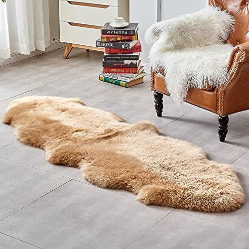 HUAHOO Premium Genuine Sheepskin Rug Mocha Real Australia Sheepskin Natural Luxury Fluffy Lambskin Fur Area Rug Seat Covers for Kids Bedroom Sofa Chair Cover Pets Dogs Mat Double Pelt/2' x 6' Mocha