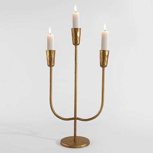 Cast Iron Candelabra for 3 Candles, Brass Candlestick Holder Vintage Taper Candle Holder Tall Antique Gold Candle Stand Table Centerpiece Mantlepiece Decor for Wedding Housewarming Christmas