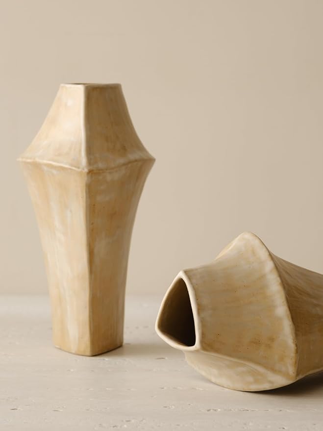 WENSHUO 9.76" H Stoneware Vase-Tri-Sided Angular Design,for Classic Decorative vase for Home Decor,Handmade Perfect Centerpiece for Table, Island,or Counter,Matte Curd Color Reactive Glaze