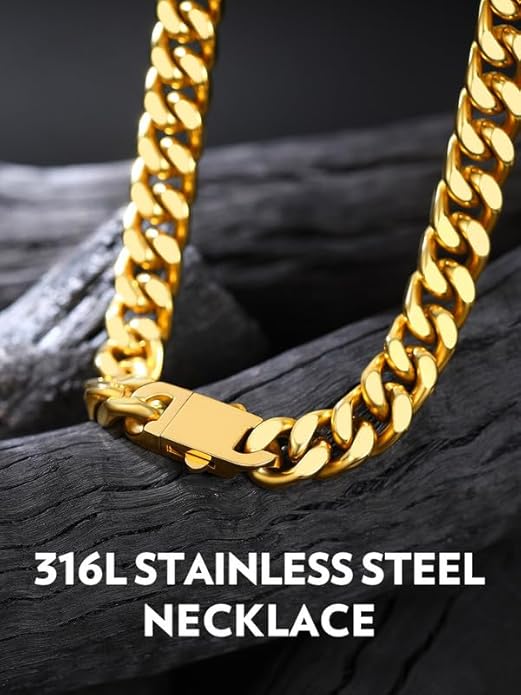 Bandmax Mens Stainless Steel Chain Necklaces 5/7/9/12MM Chunky Miami Cuban Link Chain Necklace Bracelet Silver/Gold Plated/Black Chains for Men 18"-30"