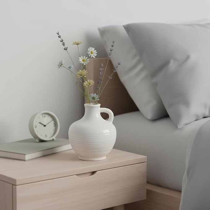 Sunddo White Ceramic Vase 6 Inch - Small Modern Flower Vase for Home Decor, Decorative Vases with Handle, Boho & Minimalist, Living Room Cabinet Table Centerpieces Wedding Beige